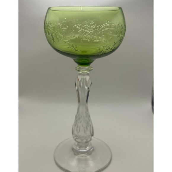 Antique Villeroy & Boch Hock Wine Glass Floral Scrollwork Green Clear Cut Stem - Picture 1 of 15